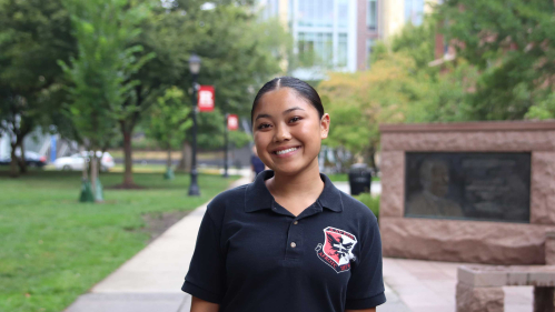 Bea Mikayla Faigal, an Air Force ROTC cadet and nursing student at Rutgers-New Brunswick, poses for a photo at Voorhees Mall. 
