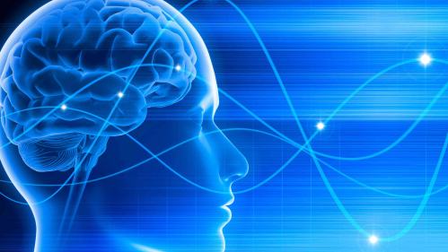 Blue background with stylized human head with filigrees wafting through space