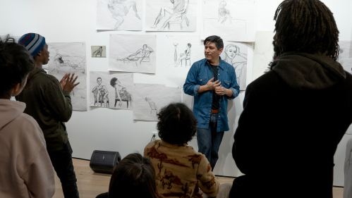 Rutgers-Newark lecturer Layqa Nuna Yawar leads a critique at the end of the "Drawing Circle" at Express Newark on Jan. 29. 2026.