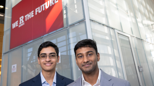 From left to right: Atharva Kulkarni and Aryan Gurusamy at Rutgers Business School