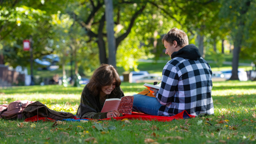 Rutgers students study on the lawn of at Voorhees Mall on College Ave campus on a fall day.