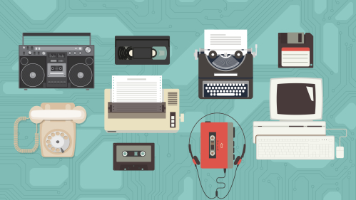 a collage  including an old computer, a cassette player, boom box, floppy disk, corded phone and typewriter