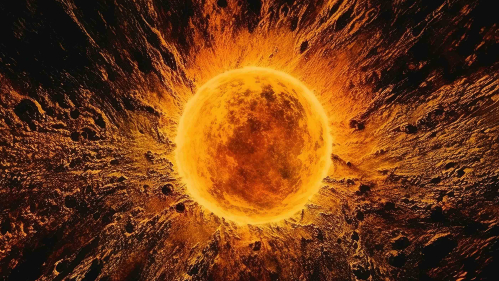 A fiery orb emanating golden globs is set against a black background