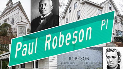 Paul Robeson Place sign, collages of images from Paul Robeson's life including his father and their church