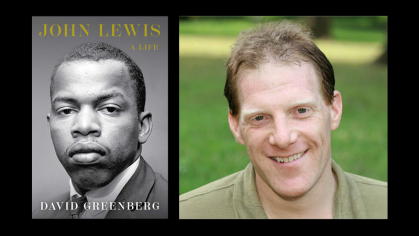 David Greenberg next to the cover of his John Lewis book