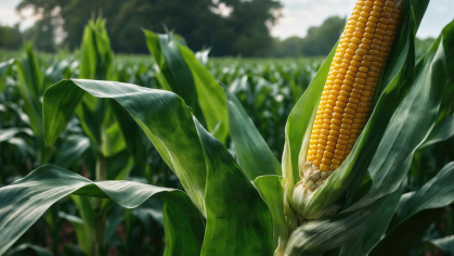 A single ear of corn at right amidst a field of green corn plants