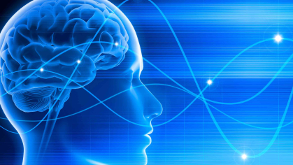 Blue background with stylized human head with filigrees wafting through space