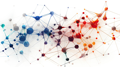 blue and red dots are distributed over a white background and connected by lines