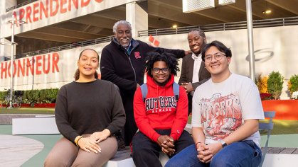 Honors Living Learning Community (HLLC) at Rutgers–Newark Dean Tim Eatman, back left, with students Esron Holder, back right, and front, left to right, Yohangil Nolasco, Nathan Duguid, and Alexis Castro. All four students benefit from a scholarship funded by John S. Felicetti NCAS’79.