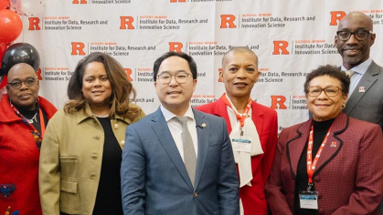From left, School of Arts and Sciences-Newark Dean Jacqueline Mattis, Keena Arbuthnot, Rutgers Executive Vice President for Academic Affairs and Chief Academic Officer, U.S. Senator Andy Kim, Fay Cobb Paton, Executive Director of the Institute for Data, Research and Innovation Science (IDRIS) at Rutgers-Newark, Rutgers-Newark Chancellor Tonya Smith-Jackson and Rutgers-Newark Provost Jeffrey Robinson
