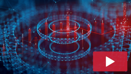 abstract swirl in red and blue with red video play button 