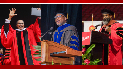 From left to right: Freeman Hrabowski III speaks at the Rutgers-New Brunswick and Rutgers Health commencement; Brian K. Bridges, secretary of higher education for the State of New Jersey, addresses the Rutgers–Camden and Graduate School Commencement and Rapper and Creator Black Thought of The Roots at Rutgers-Newark's ceremony.