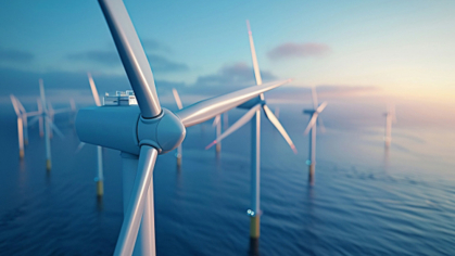 A collection of marine windmills in the ocean (stock photo)