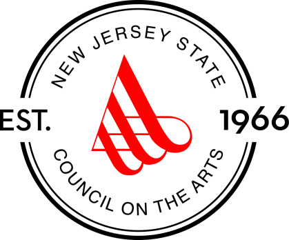 Black circle with black text reading "New Jersey State Council on the Arts Est. 1966" with a red triangle and swoosh in the center.