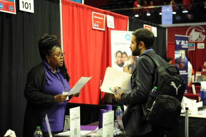 A recruiter meets with a candidate during the 2024 Winter Career and Internship Mega Fair in February.