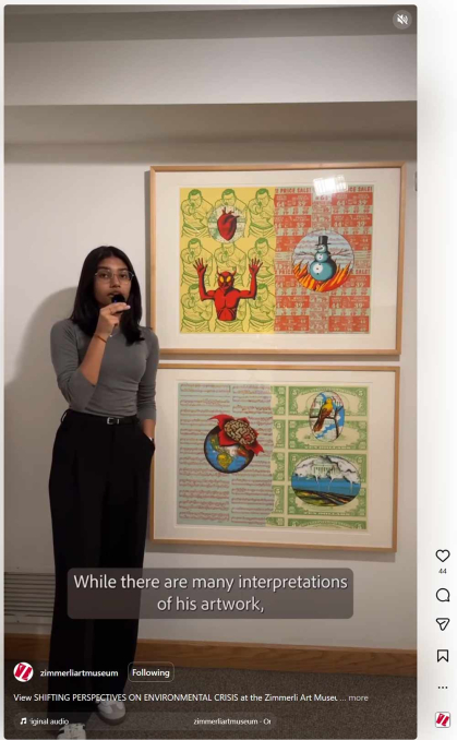 Rutgers sophomore Aditi Sandhir discusses a work of art in a video posted on Instagram.