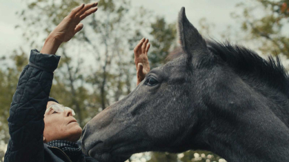 A woman raises her hands to train a horse in a scene from the documentary "Imprinted."