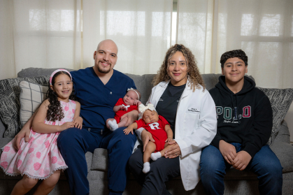 Amaia Martinez, Luis Martinez, Elvia Vargas (SON ’26) with their twin daughters (l. to r.) Valentina Martinez and Victoria Martinez and Amir Agala.