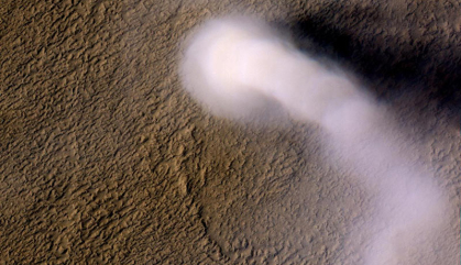 A plume of dust spouts from the surface of Mars.