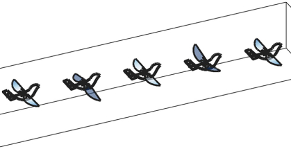 Five tiny computer simulated robotic birds are arrayed horizontally.