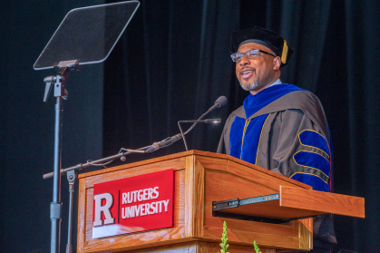 Brian K. Bridges, secretary of higher education for the State of New Jersey, addresses the Rutgers–Camden and Graduate School Commencement