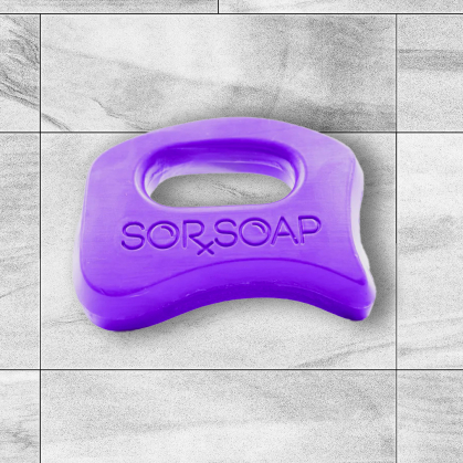 A bar of purple Sorsoap developed by a Rutgers alum