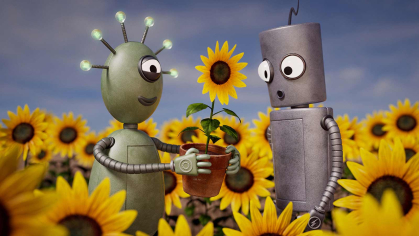 A robot hands a potted flower to another robot in a scene from the animated film "Sunspark."