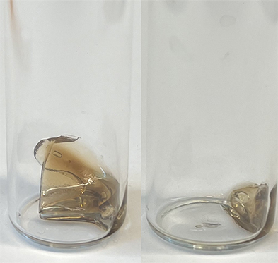 Two glasses side by side containing brownish pieces of plastic