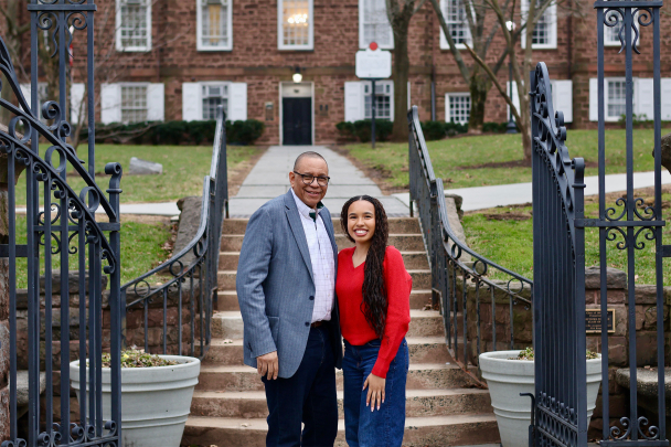 Lt. Governor Dale G. Caldwell and his daughter Ashley Caldwell (SAS ’26) stand in Old Queens
