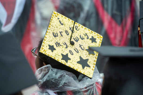 Colorful Mortarboard with Hamilton Lyrics "I wrote my way out''